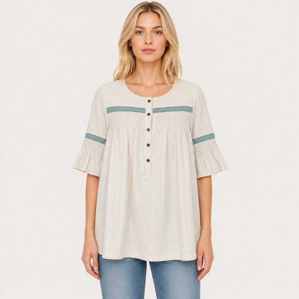 American Rag Cie Smocked Top Bohemian Cottage Tweed‎ Embroidered Relaxed Small